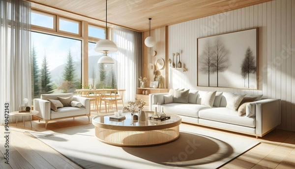 Fototapeta A modern Scandinavian style living room featuring a large white sofa adorned with multiple throw pillows, a light wood coffee table with decorative vases.