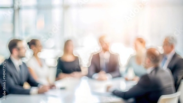 Fototapeta Development and Success - Blurred office backdrop with business people engaged in discussions, representing development and achievement.
