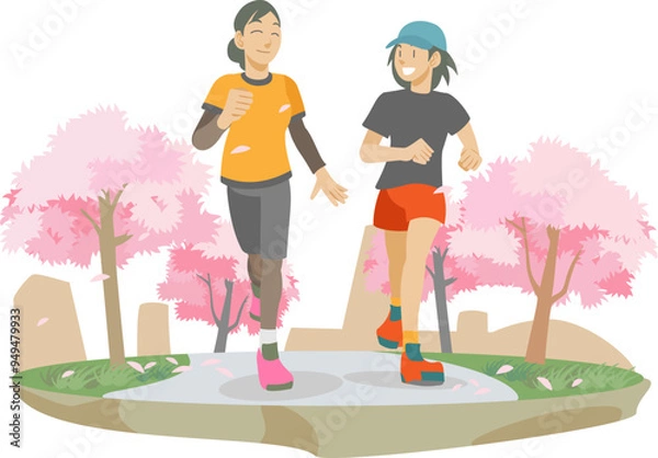 Fototapeta 桜並木を走る女性達のイラスト