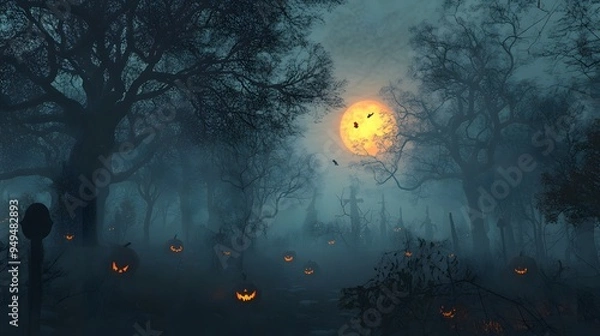 Fototapeta A fog-filled forest with deep shadows and hidden Halloween creatures