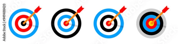 Obraz Archery target with arrow. Target vector icons, isolated on white background. Targets different shapes and color. Archery target business concept, Vector PNG