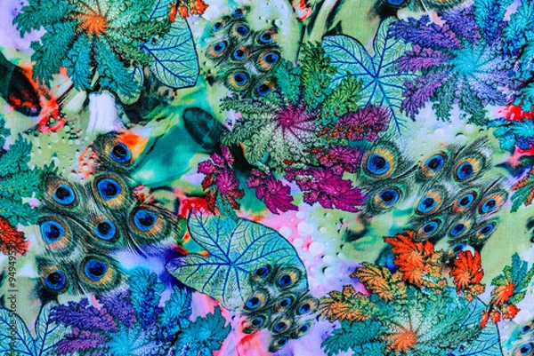 Fototapeta texture of print fabric striped peacock feather and natural