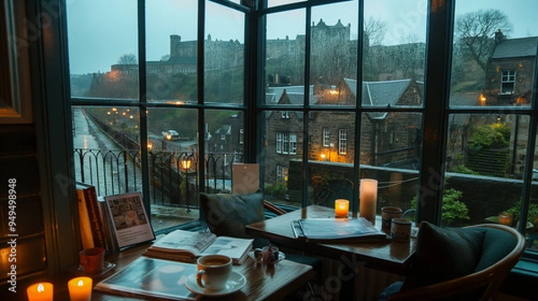 Fototapeta A cozy coffee shop in Edinburgh, with large windows overlooking the city and castle with old stone houses, books on the table, tea cups and candles, romantic vibes