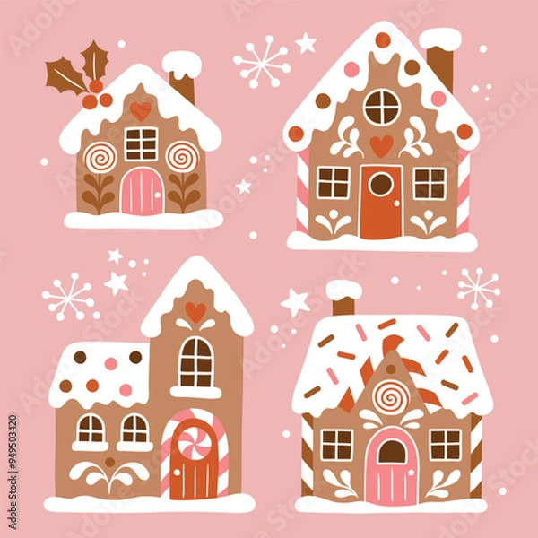 Obraz Set of hand drawn gingerbread houses and snowflakes. Snowy winter village icons.  Perfect for sticker or nursery print design.