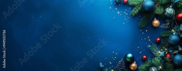 Fototapeta Festive christmas blue background with ornaments and fir branches on backdrop with copy space for personal message. Spread holiday cheer and celebrate the season