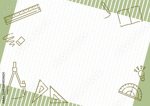 Obraz 文房具と方眼用紙のポップなフレーム_グリーン