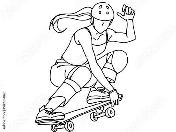 Fototapeta オリンピックでスケートボードの競技を行う女性のシルエット線画