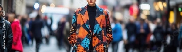Fototapeta A fashionable person wearing a statement coat on a busy street, front view, showcasing outerwear trends, cybernetic tone, Triadic Color Scheme