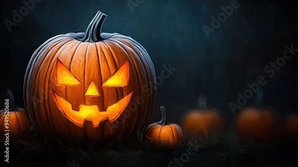 Fototapeta Haunted pumpkin patch with glowing jack o' lanterns, surrounded by a stunning, high contrast digital art effect and a clear focus
