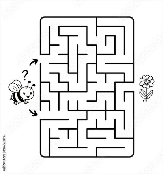 Fototapeta Black and White Kids’ Maze Puzzle – Help the Bee Find the Flower, Easy Labyrinth with Two Entrances for Preschool and Early School Age Children