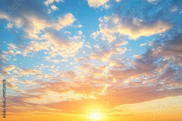 Fototapeta Beautiful sky background - Sunset Sunrise sky with light clouds and real sun , ai