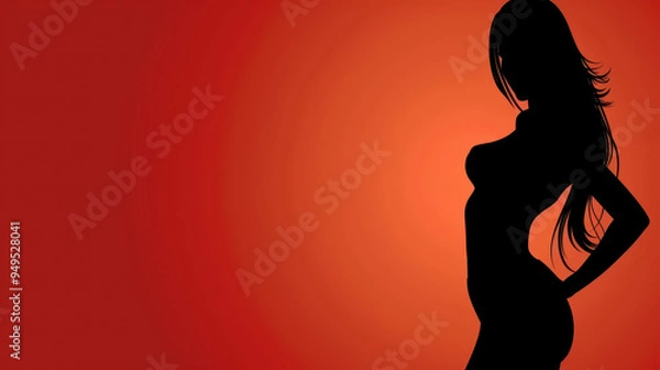 Fototapeta A striking silhouette of a woman with hands on her waist, set against a vibrant red and orange backdrop for impactful banner design.