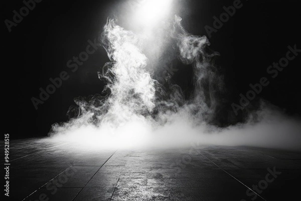 Fototapeta White smoke or fog flow on floor. Large mist in dark room on black background. Smoke on stage studio, ai