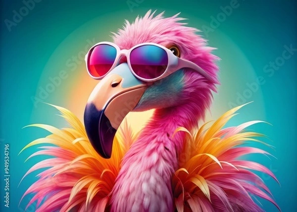 Fototapeta Flamingo wearing trendy sunglasses with vibrant pink feathers and a relaxed smirk capturing a fun and carefree summer vibe in a bright and colorful palette