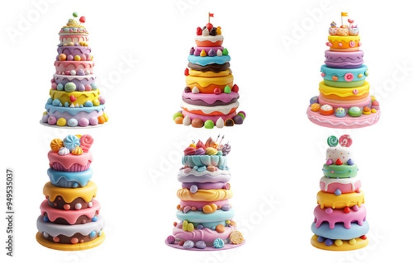 Fototapeta Colorful stacked donut towers in various sizes isolated on transparent background