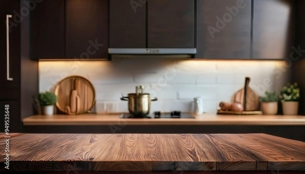 Fototapeta Wooden table background of free space for your decoration and blurred background of kitchen. Generated image