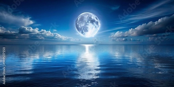 Fototapeta A peaceful nighttime ocean scene with a full moon reflecting on the water