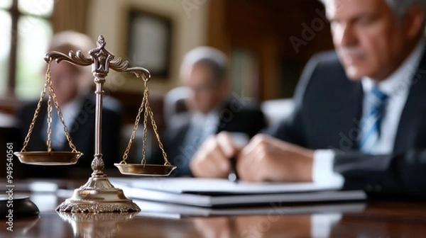 Fototapeta A close-up shot of a bronze scale of justice placed on a desk with blurred figures of professionals in suits in the background, signifying a legal or judicial setting.