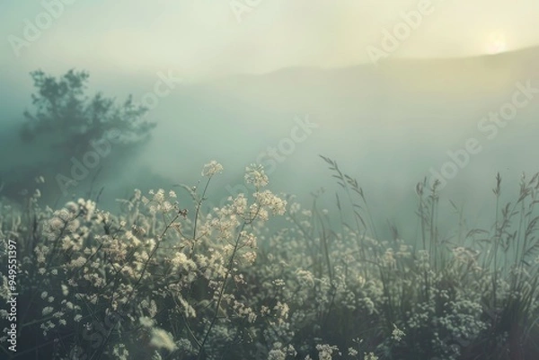 Fototapeta A foggy field with white flowers in the foreground, depicting a misty atmosphere, Soft edges and blurred boundaries giving a hazy, atmospheric feel