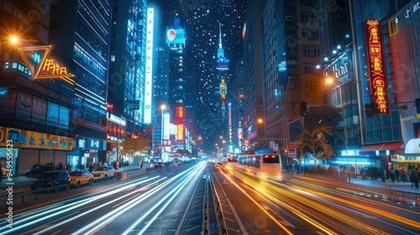 Fototapeta A bustling city street at night. The streaks of car lights should create dynamic trails of color, while the surrounding buildings and street lamps. The sky above show faint star trails. Generative AI.