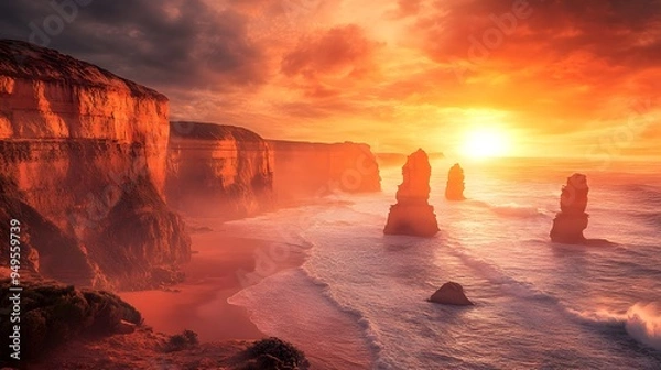 Fototapeta Twelve Apostles: The dramatic limestone stacks of the Twelve Apostles along the Great Ocean Road, with waves crashing below.
