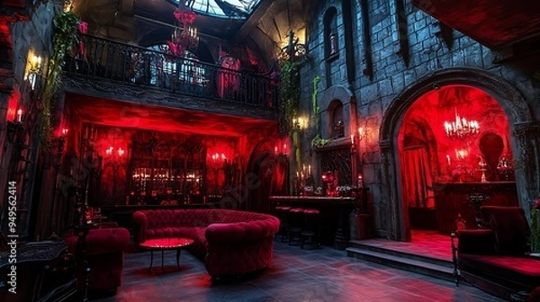 Fototapeta Vampire's Den Theme Party with Red Lighting and Gothic Decor 32k,