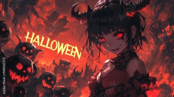 Fototapeta female demon in hell on halloween. inscription "HALLOWEEN"