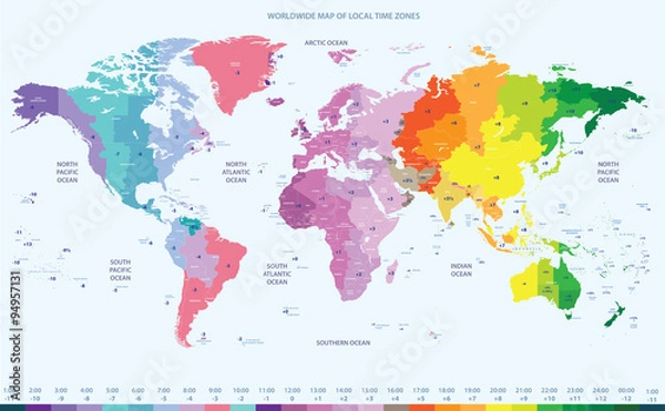 Obraz kolorowa mapa świata lokalnych stref czasowych