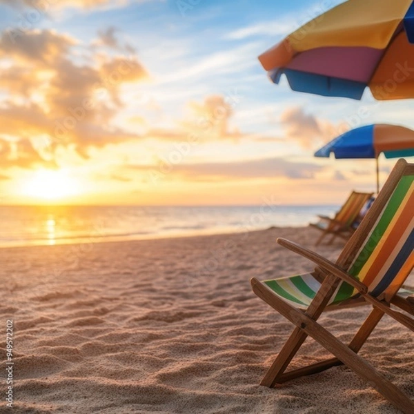 Fototapeta A sunset over a tropical beach, with colorful beach chairs and umbrellas lined up