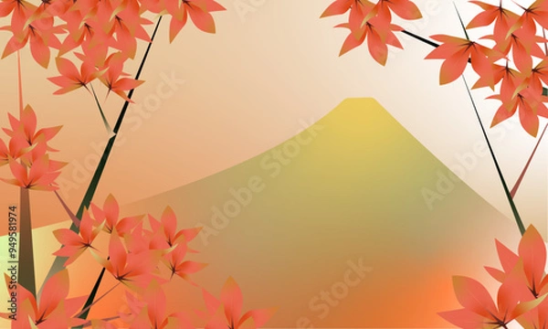 Obraz 夕焼けの富士山を背景にした秋に色づく紅葉