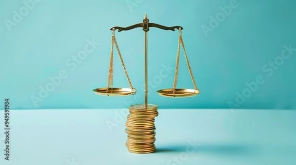 Fototapeta Golden balance scale, stacks of gold coins, light blue background, financial equilibrium, wealth concept, minimalist composition, studio lighting metallic sheen, precise symmetry