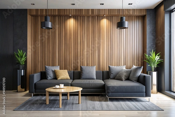 Fototapeta A sleek living room featuring a black modular sofa set against a wooden wall with vertical slats. Minimalistic decor and soft lighting create a warm ambiance