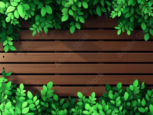 Fototapeta A tranquil wooden background adorned with vibrant green leaves, perfect for nature-themed designs and creative projects.