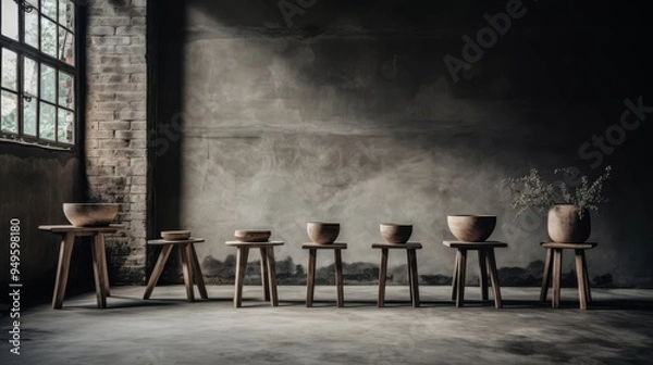 Fototapeta Rustic Wooden Bowls and Stools Minimalist Interior Design