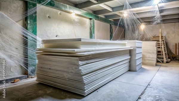 Fototapeta a photo image of drywall sheets stacked against a wall in a partially finished basement or garage, with dust and cobwebs covering