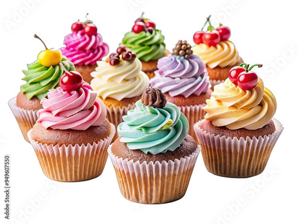 Fototapeta A close-up image of eight cupcakes with colorful frosting and fresh cherries, arranged on a white background