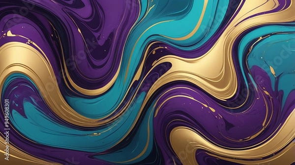 Fototapeta  fluid marble effect with swirls of deep purple, teal, and gold