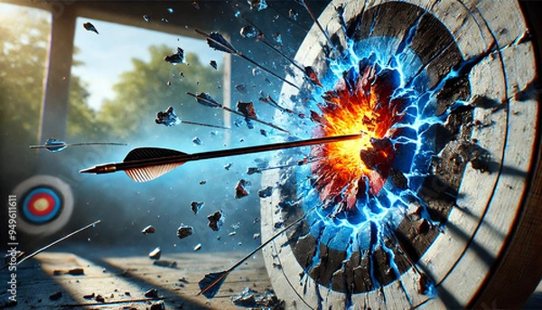 Fototapeta A highly realistic and dynamic image capturing the moment an arrow crashes into an archery target