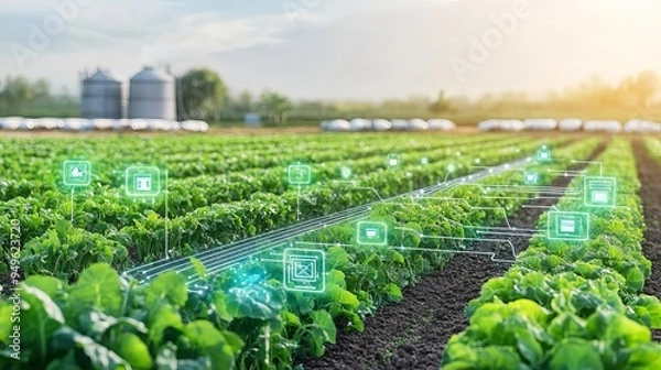 Obraz Agricultural field with connected sensors, internet of things in agriculture, smart farming innovations