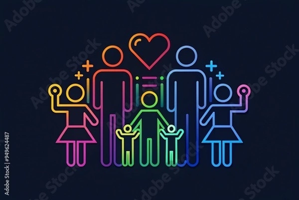 Fototapeta Bold family logo with thin line icon symbols in bright colors portraying strength and unity in a modern graphic design