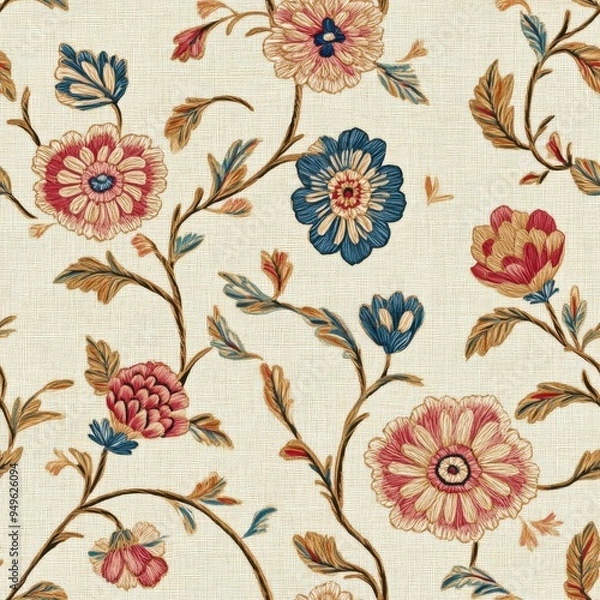 Fototapeta Vintage Victorian detailed floral embroidery pattern on vintage beige fabric background, seamless repeating pattern, textile print style, minimal, Victorian design, seamless floral embroidery 