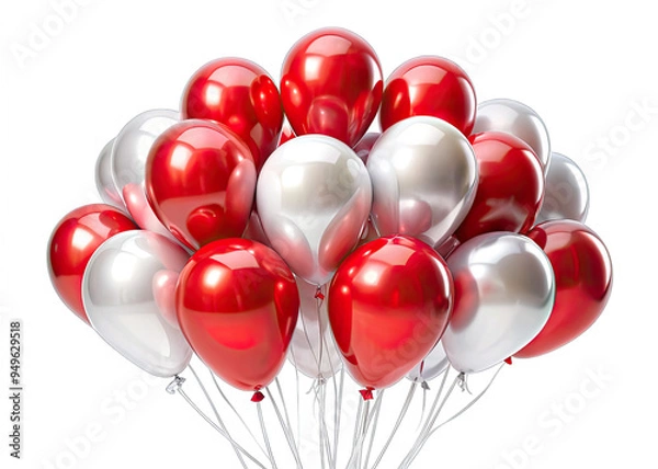 Fototapeta A bunch of red and silver glossy latex balloons against a white background