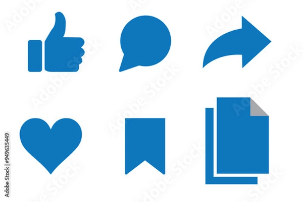 Obraz Like, comment, share icon buttons and Thumbs up and love heart flat Black line art icon in modern speech bubble shapes , Social media notification icons. emoji post reactions set. Vector illustration