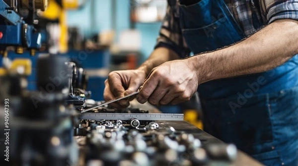 Obraz Hands of a mechanic checking the alignment of engine parts using a straight edge tool on a clean workbench
