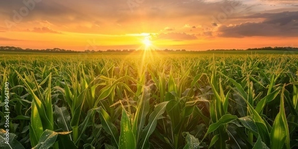 Fototapeta A cornfield bathed in the golden light of sunset.