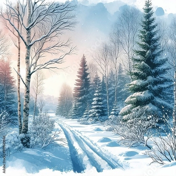 Obraz Winter Landscape with Snow-Covered Trees and Pathway at Sunrise