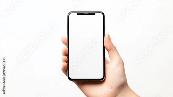 Fototapeta modern smartphone with white screen in left hand on transparent background, smartphone in hand, png mockup for any background and any image on the screen