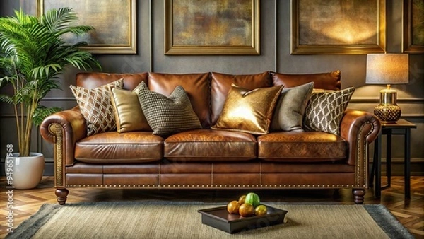 Fototapeta 2. Warm, inviting coffee brown leather sofa with soft cushions, accents of golden brass, and scattered throw pillows, a realistic photo image.