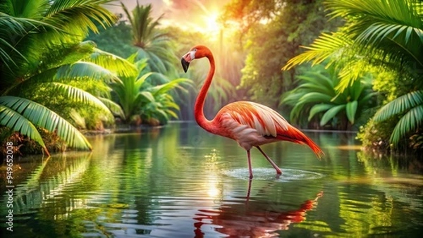 Fototapeta 5. A beautiful carmine pink flamingo wading in a serene lake, surrounded by lush tropical vegetation, on a sunny summer morning, a realistic photo image.