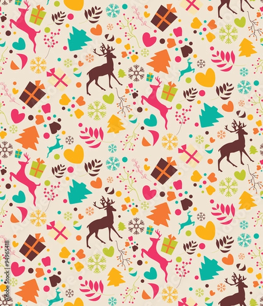 Fototapeta Seamless patterns with Christmas trees, reindeers, gift boxes an
